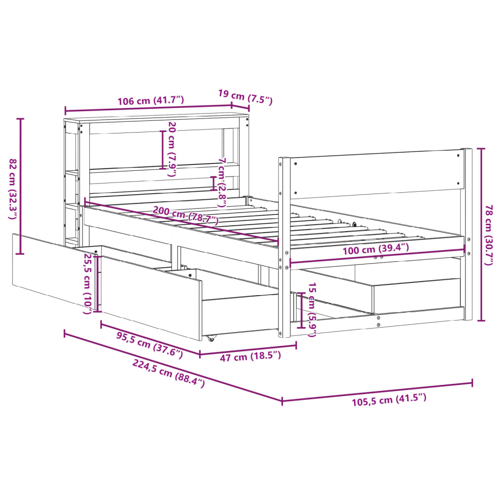 Cama sem colchão 100x200 cm madeira de pinho maciça