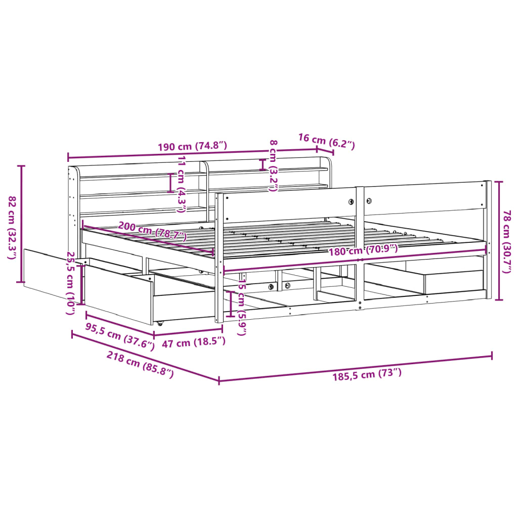Cama sem colchão 180x200 cm madeira de pinho maciça