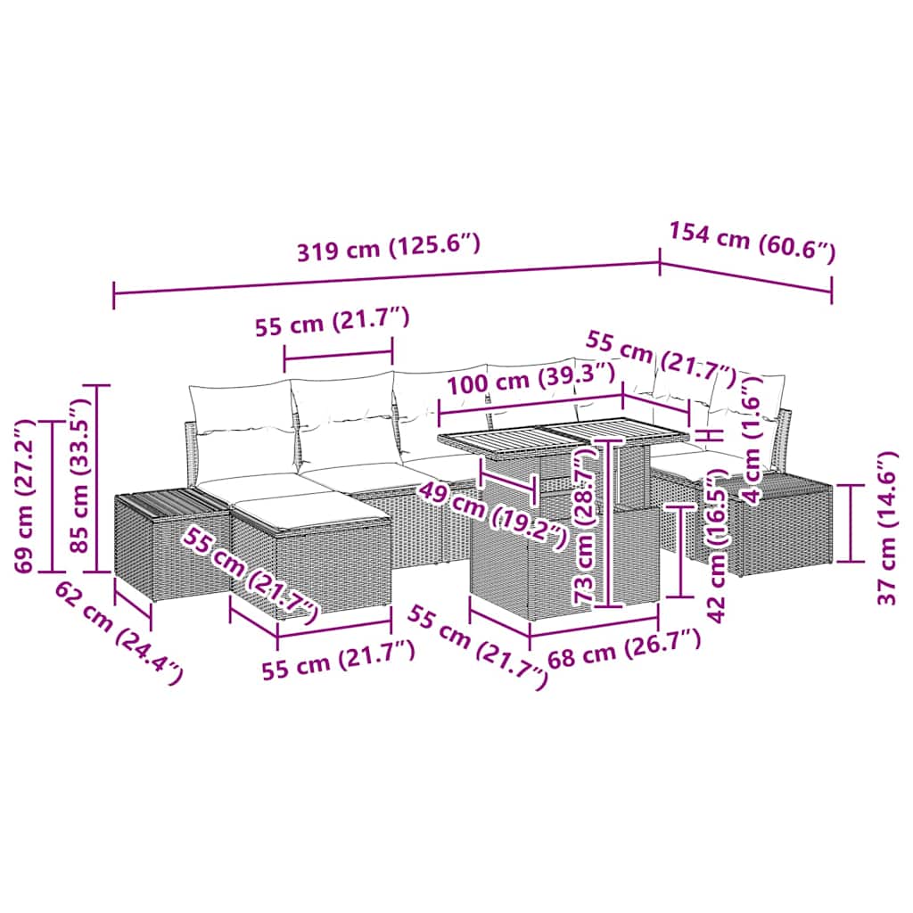 Conjunto de Sofá de Jardim com almofada 8 pcs Cinza e Marrom