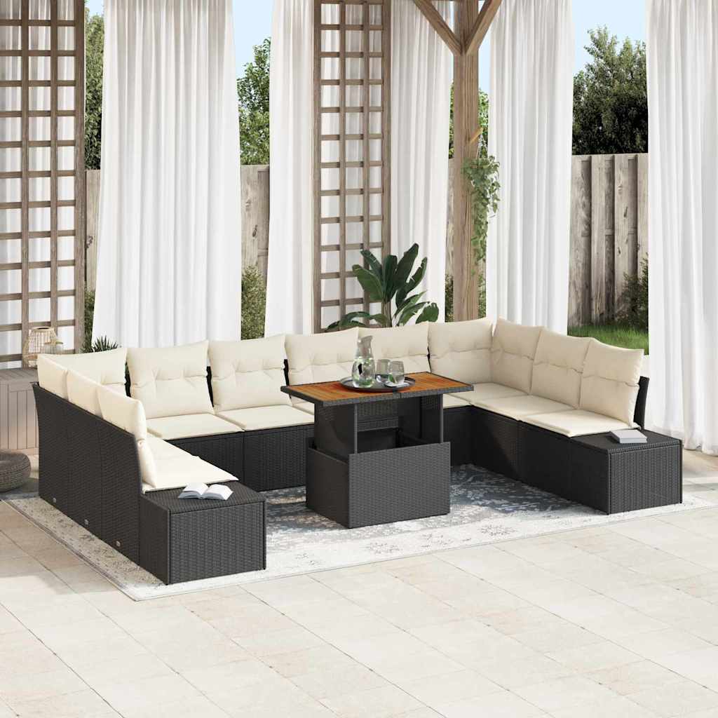 Conjunto de Sofá de Jardim com almofada 11 pcs Preto e Creme