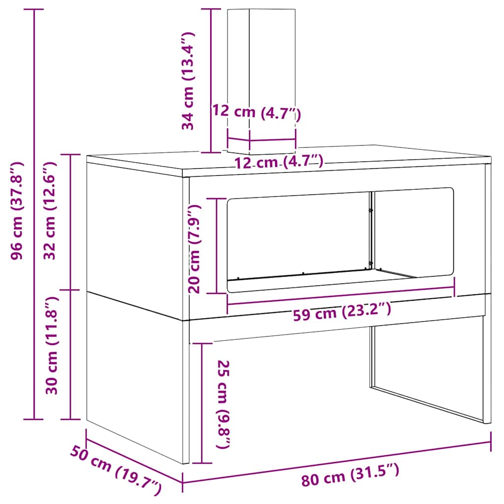 Fire Pit Preto 80 x 50 x 96 cm Aço laminado a frio