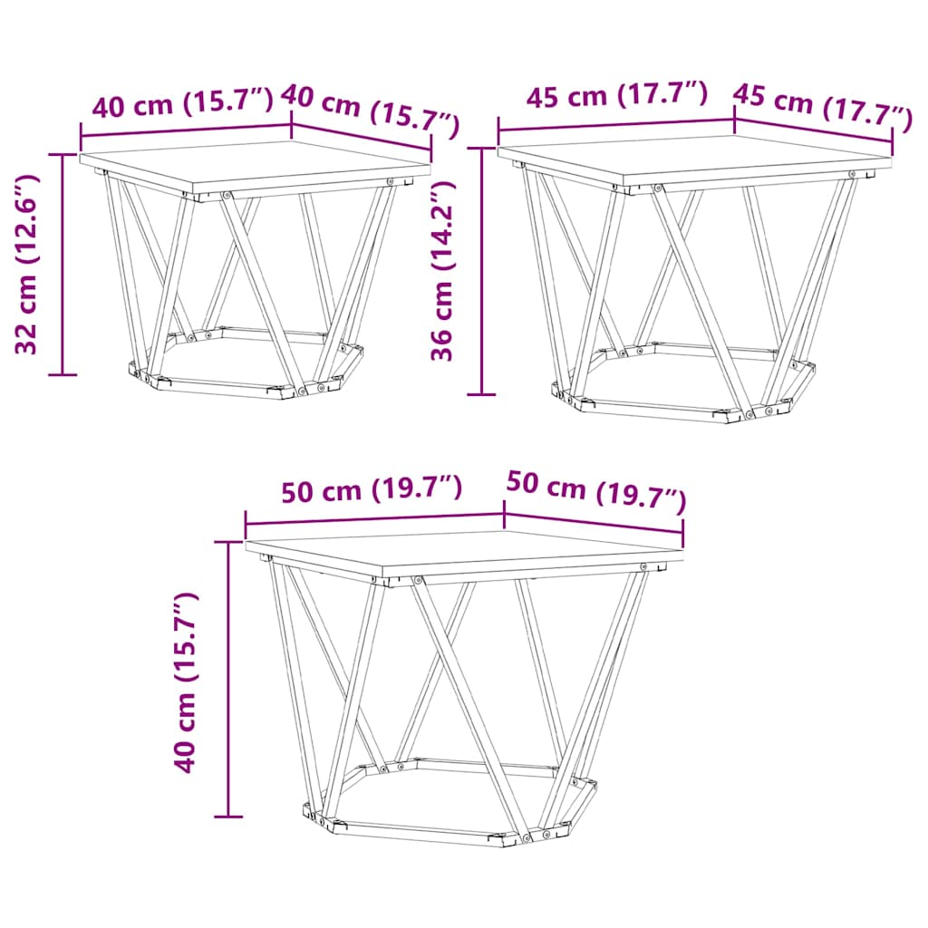 Mesa de centro 3 pcs carvalho artisiano 50 x 50 x 40 cm
