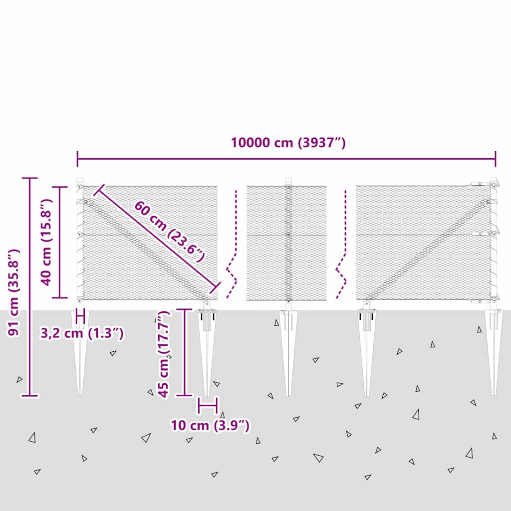 Cerca com Postes Cinzeto 0.4 x 100 m Aço revestido de PVC