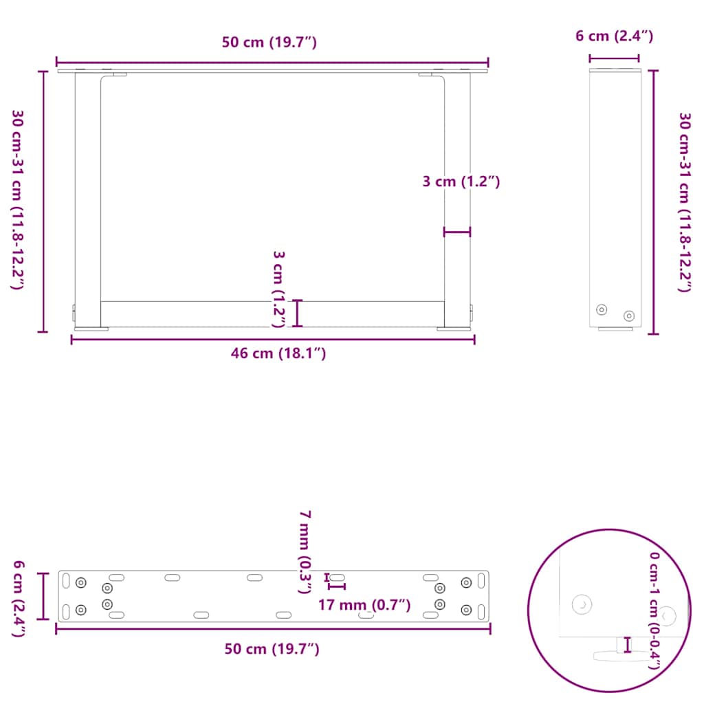 Pés para mesa de centro em forma de U, 2 peças, antracite, 50x(30-31) cm, aço