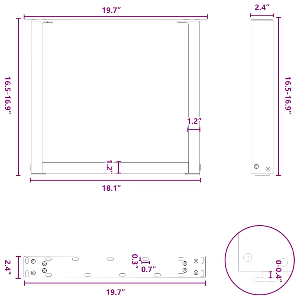 Pés para mesa de centro em formato de U, 2 peças, preto, 50x(42-43) cm, aço