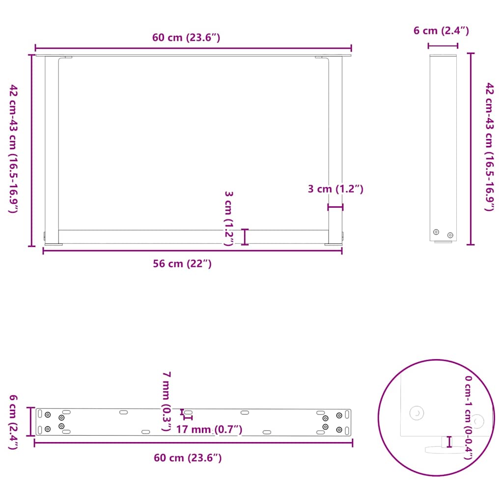 Pés para mesa de centro em forma de U, 2 peças, antracite, 60x (42-43) cm, aço