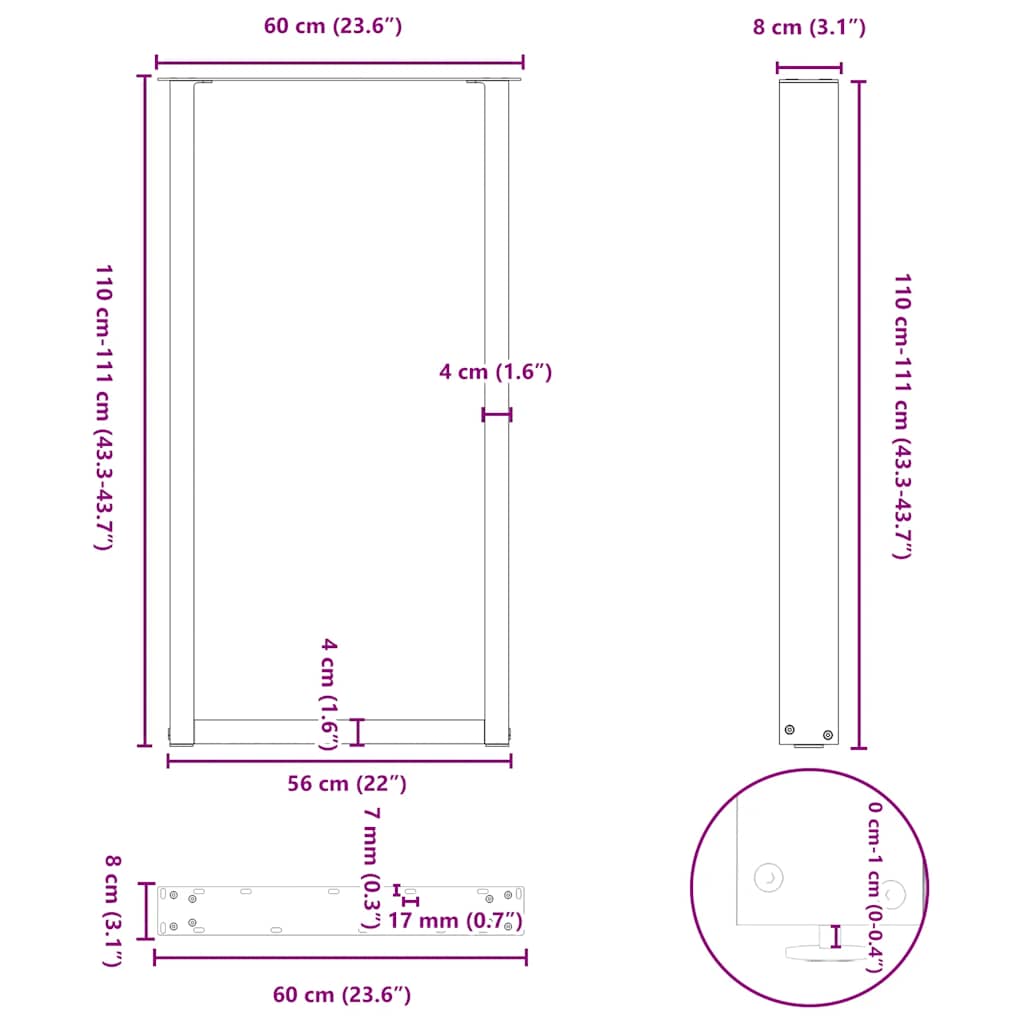 Pés para mesa de bar em formato de U, 2 peças, antracite, 60x(110-111) cm, aço