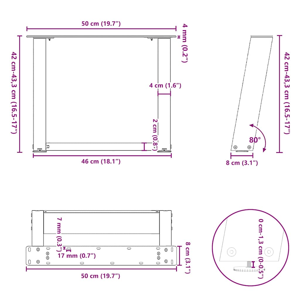 Pés para mesa de centro em formato de U, 2 peças, preto, 50x(42-43) cm, aço