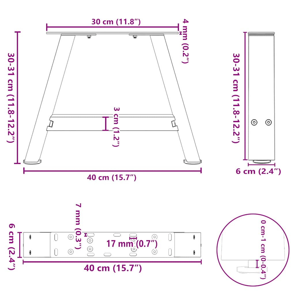 Pés para mesa de centro em formato A, 2 peças, preto, 40x(30-31) cm, aço