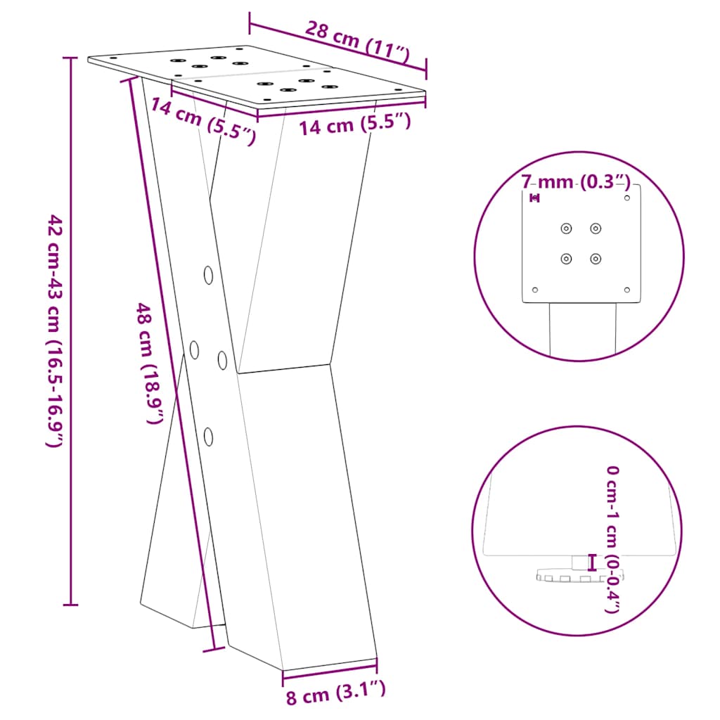 Pés para mesa de centro em formato de X, 2 peças, preto, 28x(42-43) cm, aço