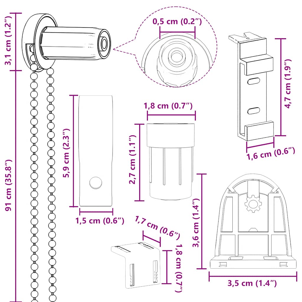 19 peças de acessórios para estores de 18 mm