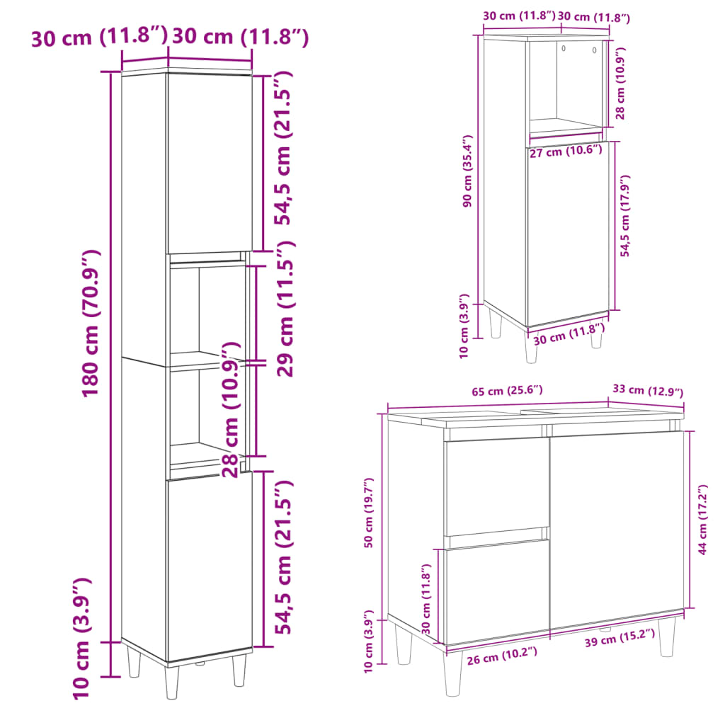 3 pcs conj. móveis casa banho derivados madeira carvalho sonoma