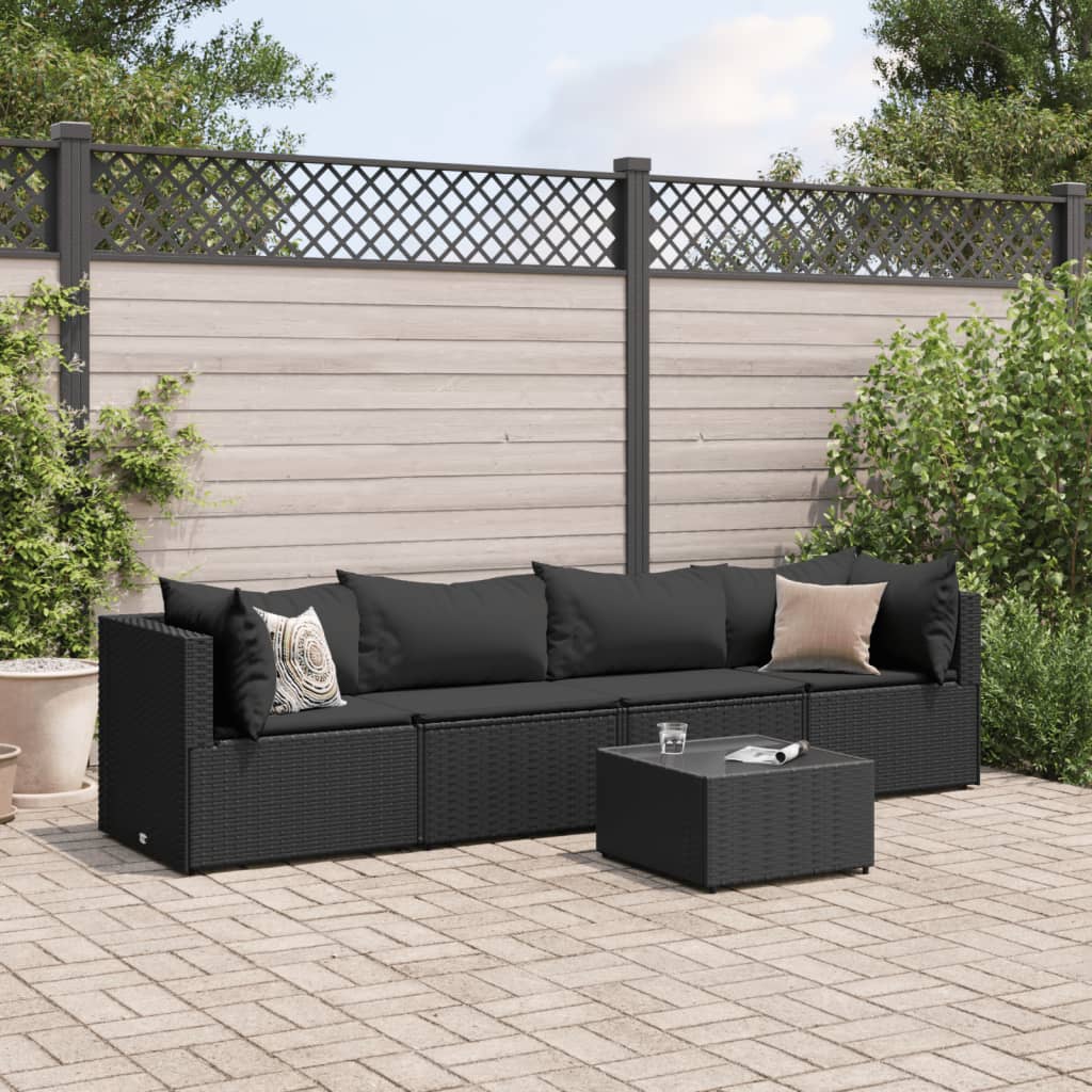5 pcs conjunto lounge de jardim c/ almofadões vime PE preto