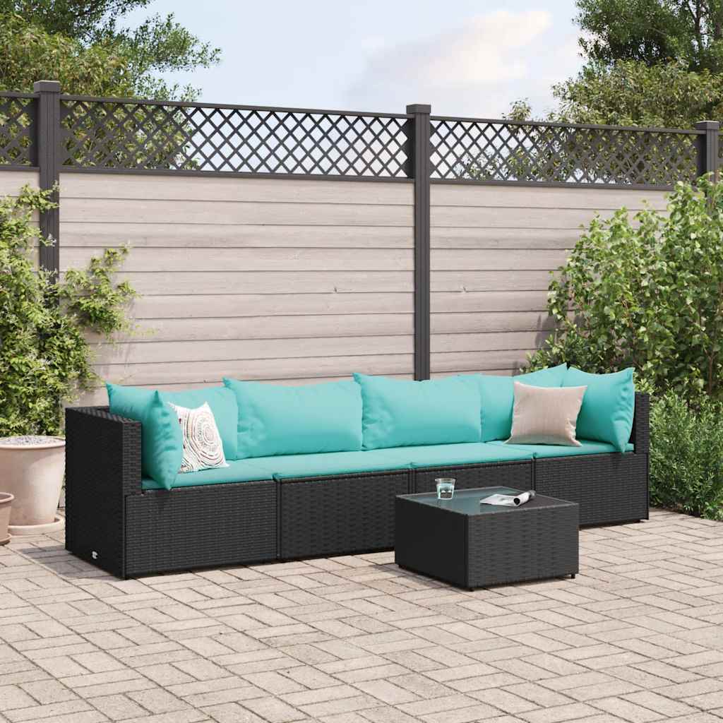 5 pcs conjunto lounge de jardim c/ almofadões vime PE preto
