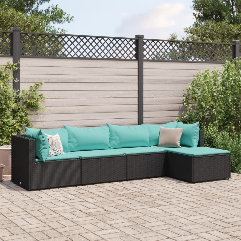 5 pcs conjunto lounge de jardim c/ almofadões vime PE preto
