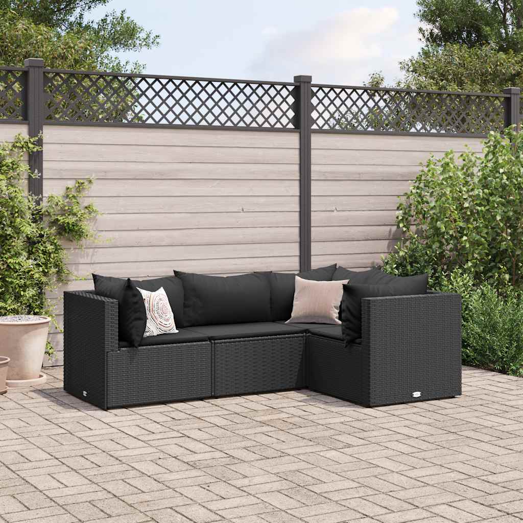 4 pcs conjunto lounge de jardim c/ almofadões vime PE preto