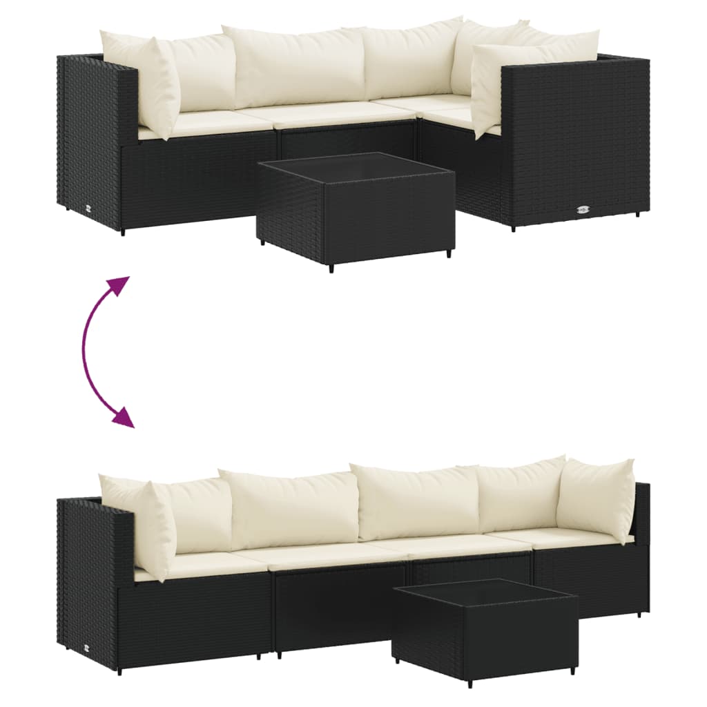 5 pcs conjunto lounge de jardim c/ almofadões vime PE preto
