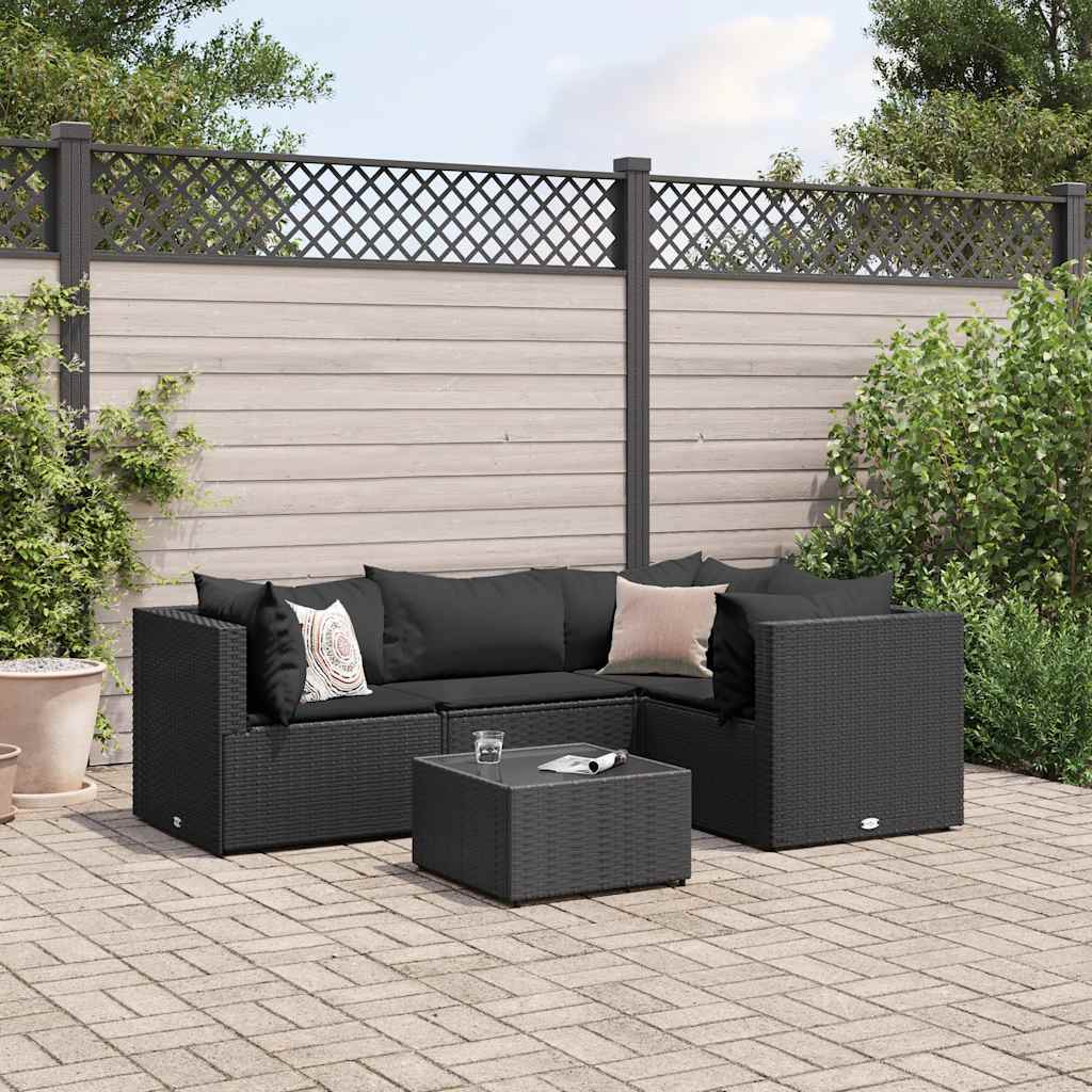 5 pcs conjunto lounge de jardim c/ almofadões vime PE preto