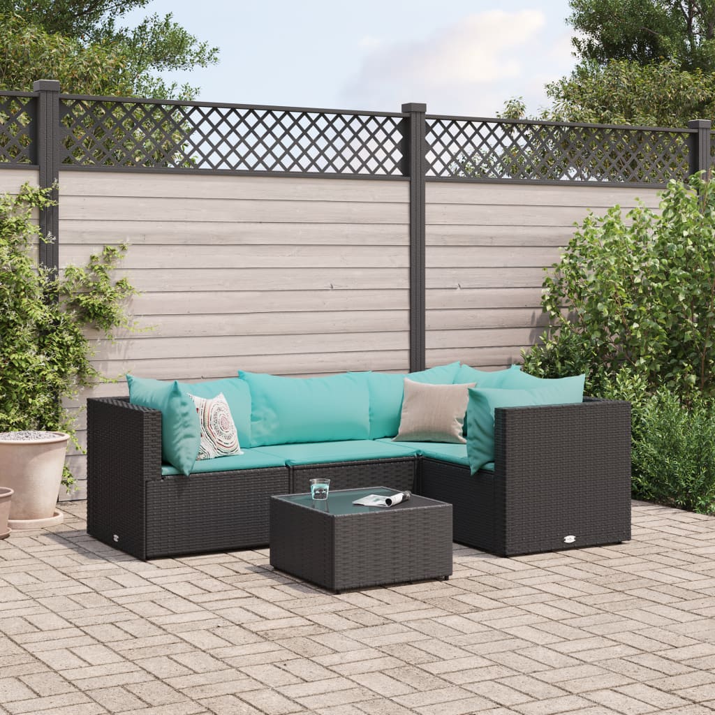 5 pcs conjunto lounge de jardim c/ almofadões vime PE preto