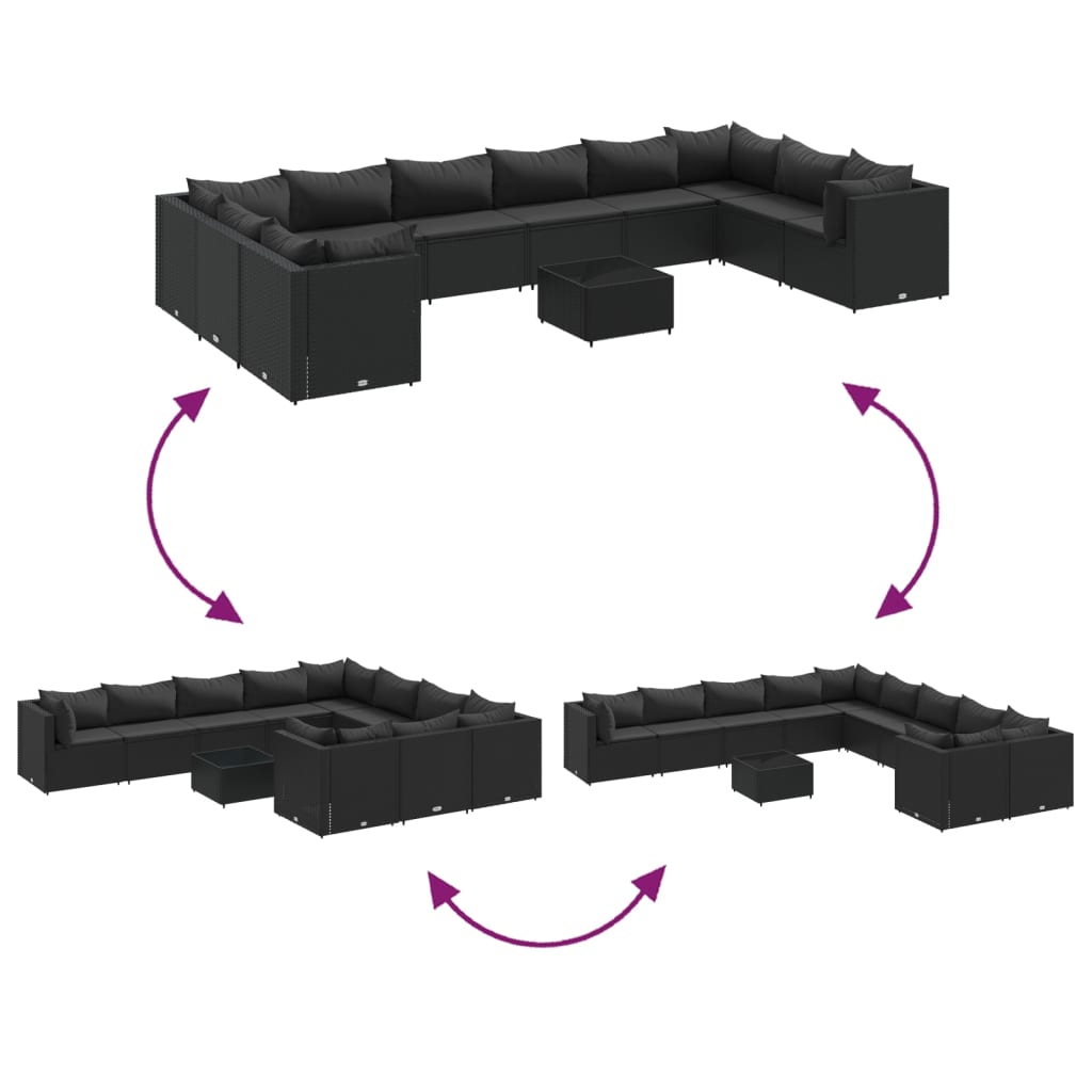 11 pcs conjunto lounge de jardim c/ almofadões vime PE preto