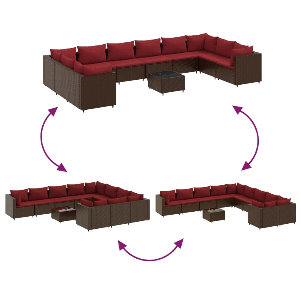 11 pcs conjunto lounge jardim c/ almofadões vime PE castanho