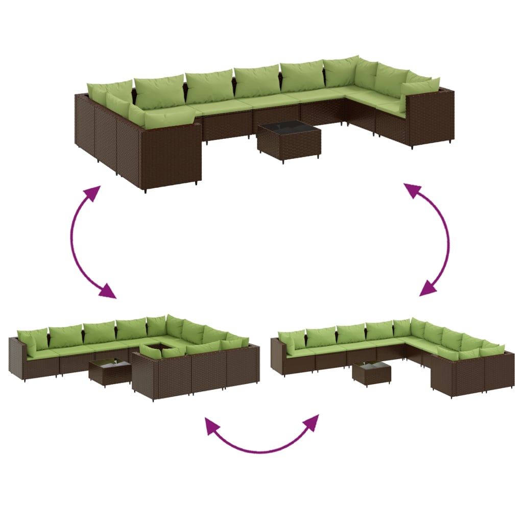 11 pcs conjunto lounge jardim c/ almofadões vime PE castanho