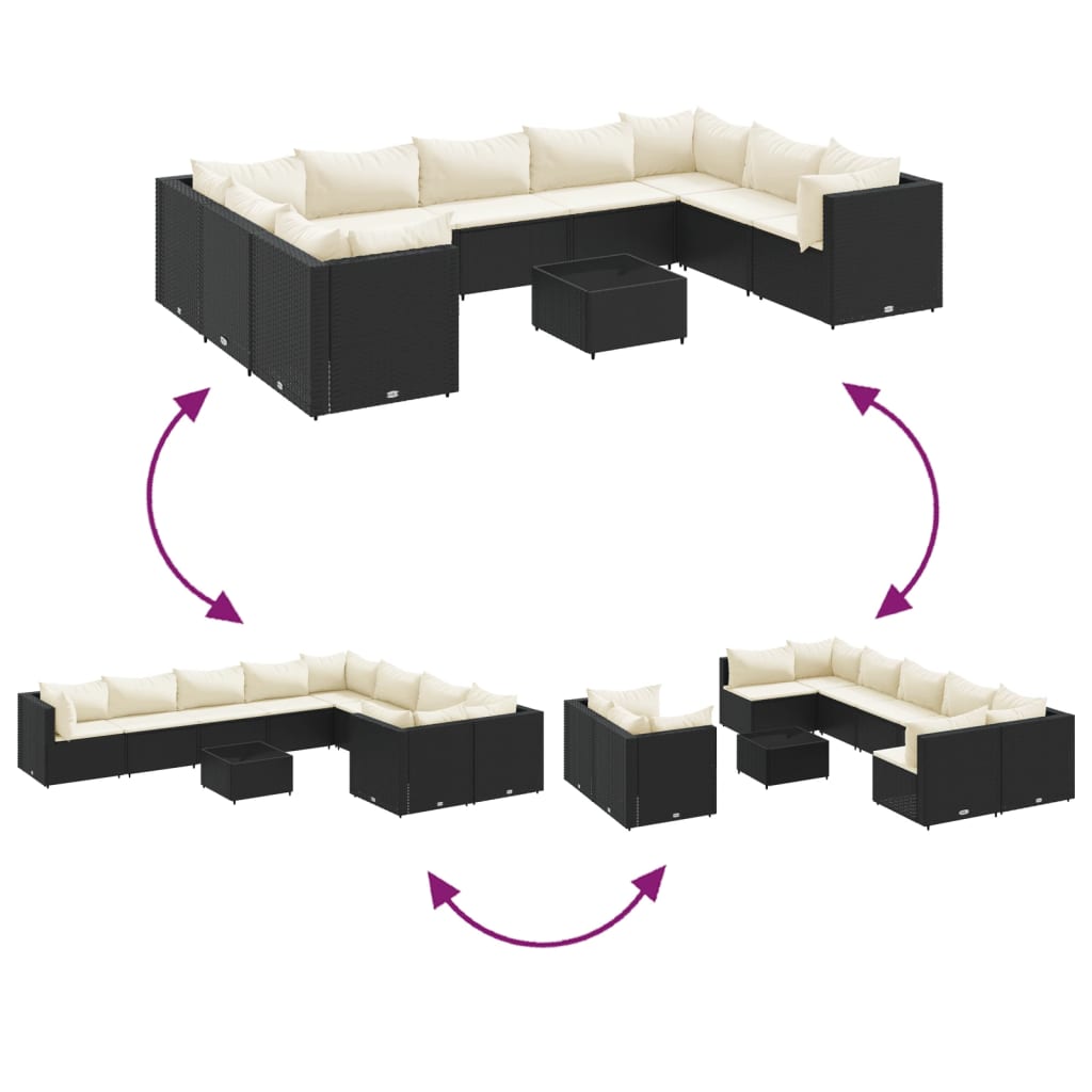 10 pcs conjunto sofás de jardim c/ almofadões vime PE preto