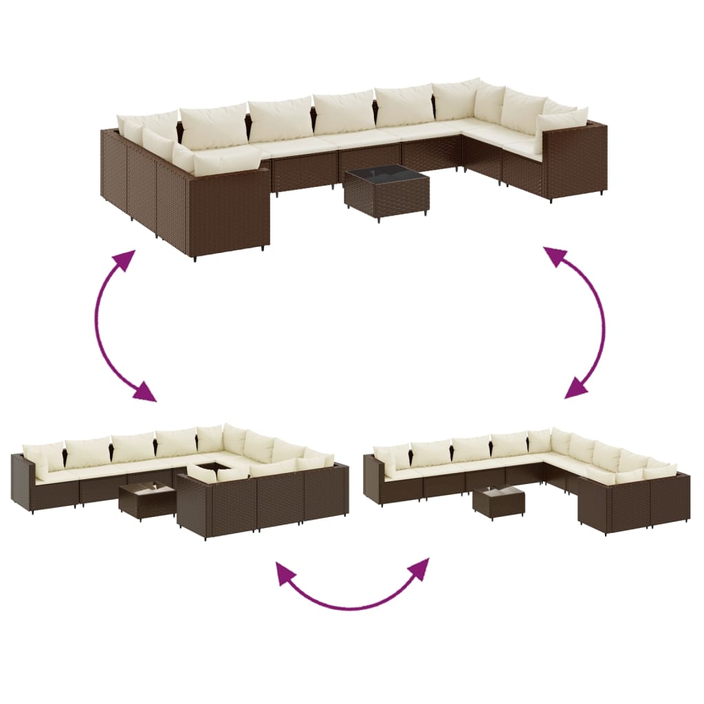 11 pcs conjunto sofás de jardim c/ almofadões vime PE castanho