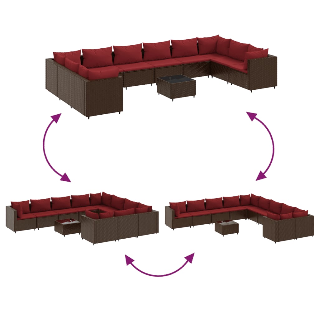 11 pcs conjunto sofás de jardim c/ almofadões vime PE castanho