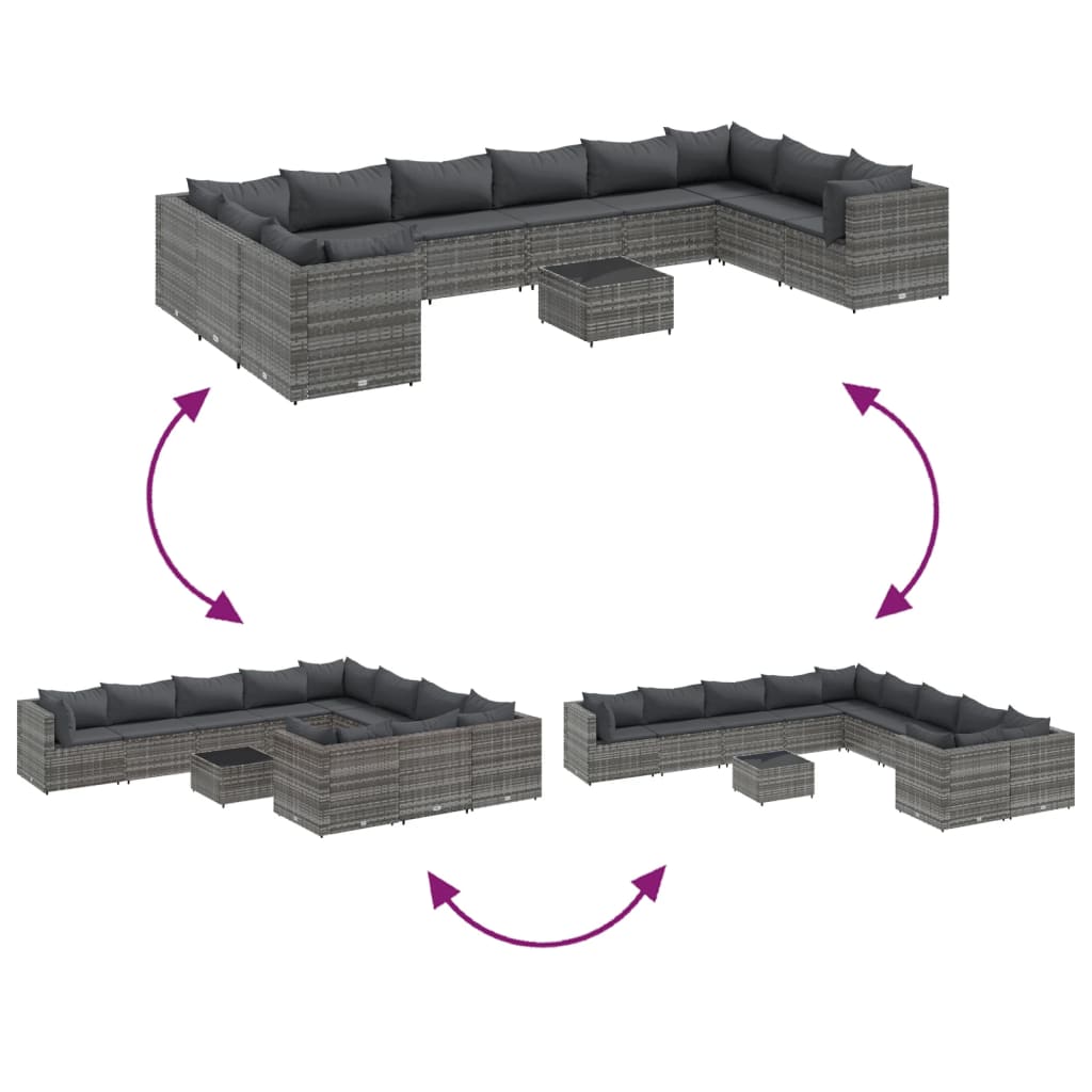 11 pcs conjunto sofás de jardim c/ almofadões vime PE cinzento