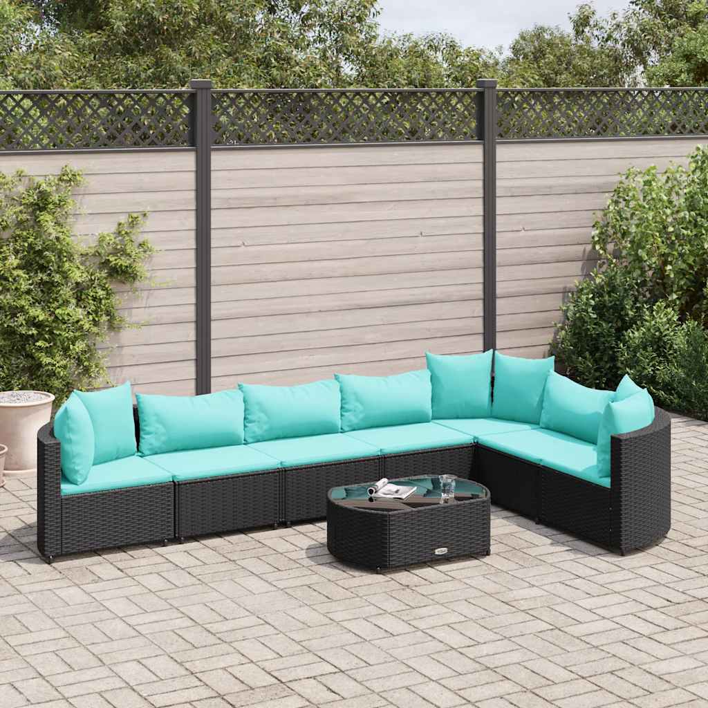8 pcs conjunto sofás de jardim com almofadões vime PE preto