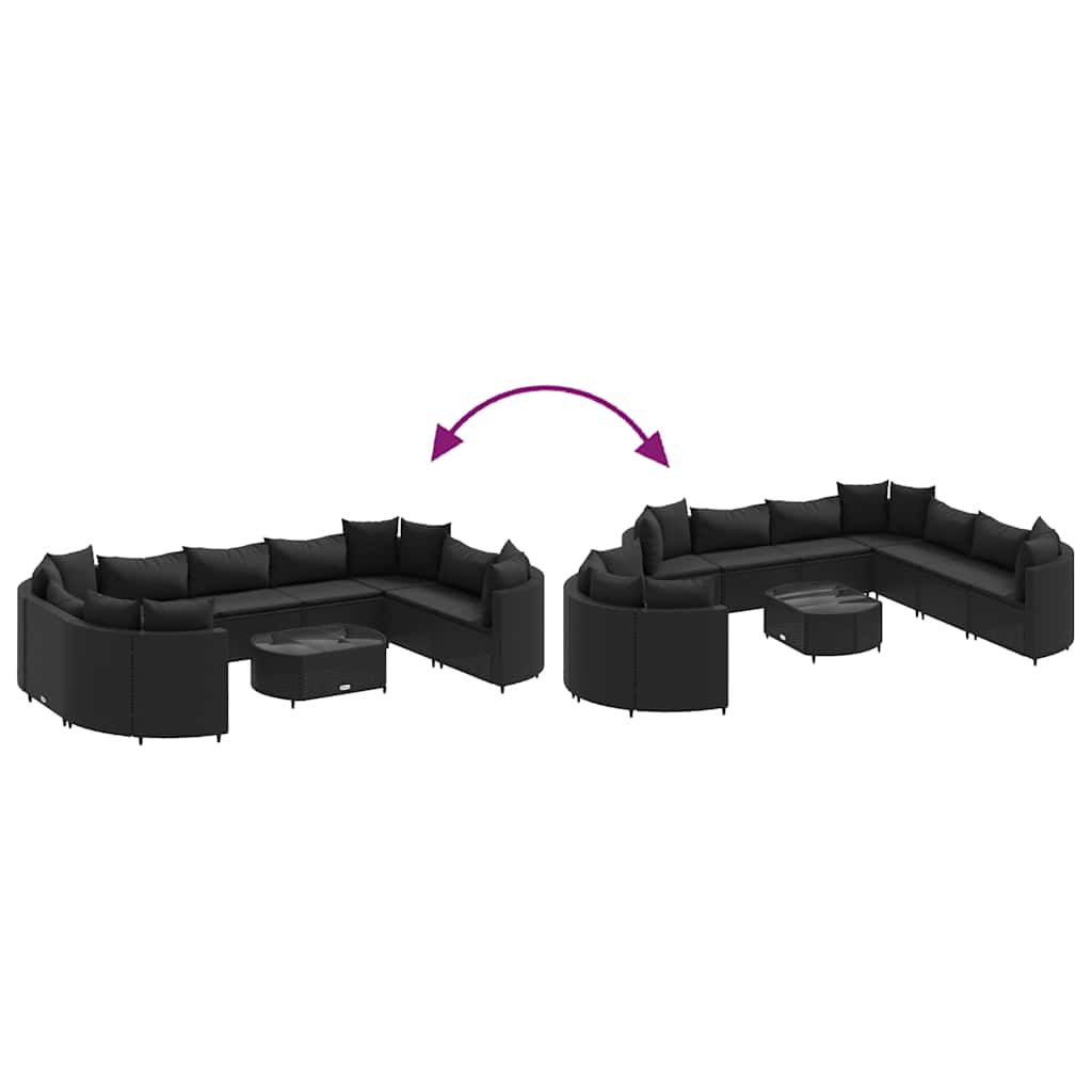 10 pcs conjunto sofás de jardim c/ almofadões vime PE preto