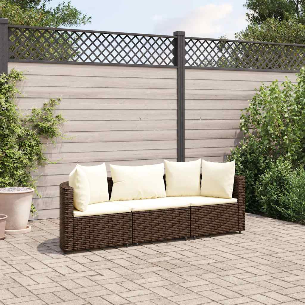 3 pcs conjunto sofás de jardim com almofadões vime PE castanho