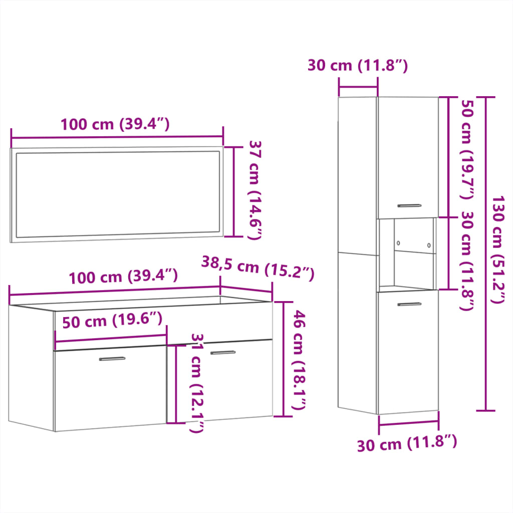 3 pcs conjunto móveis casa de banho derivados de madeira branco