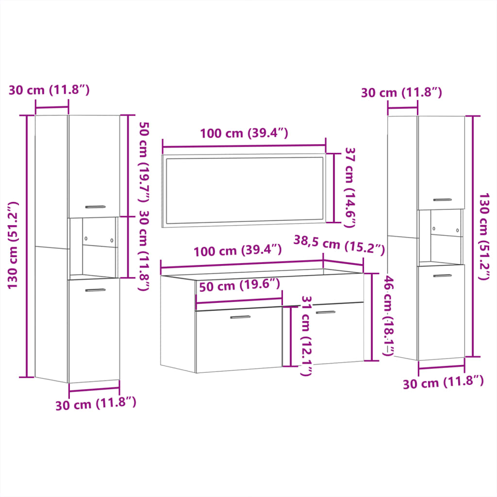 4 pcs conjunto móveis casa de banho derivados de madeira branco