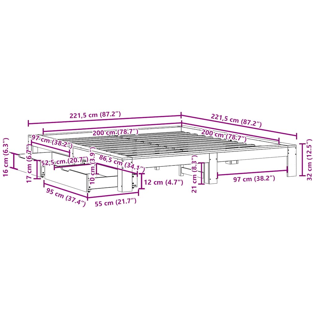 Cama sem colchão 200x200 cm madeira de pinho maciça