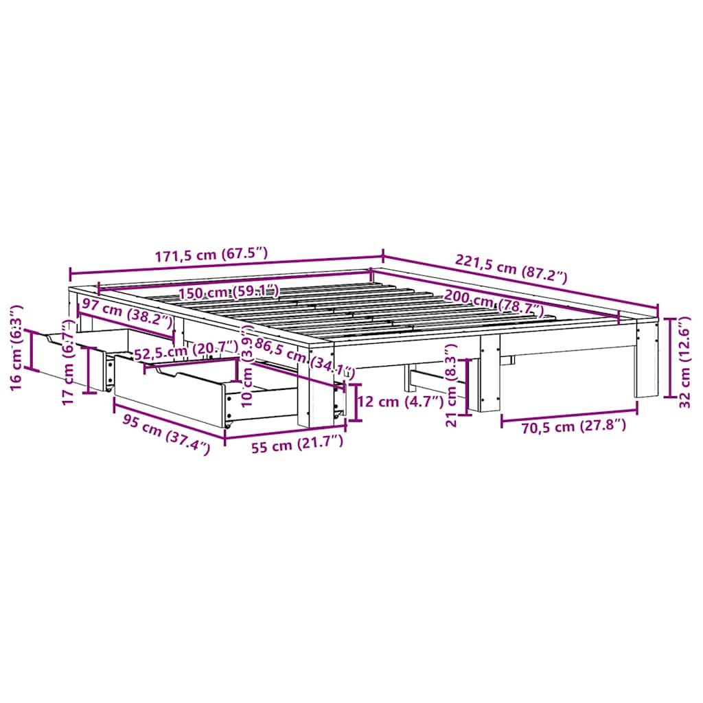 Cama sem colchão 150x200 cm madeira de pinho maciça