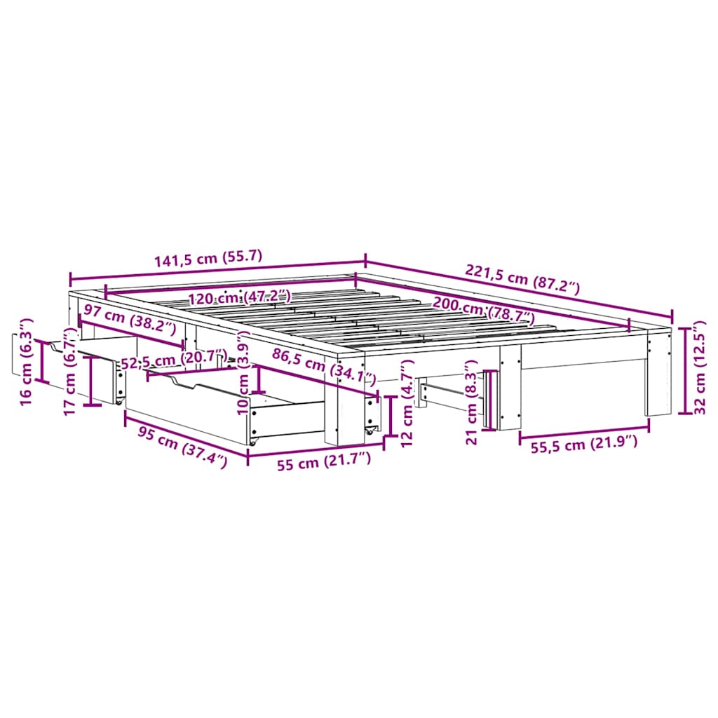 Cama sem colchão 120x200 cm madeira de pinho maciça