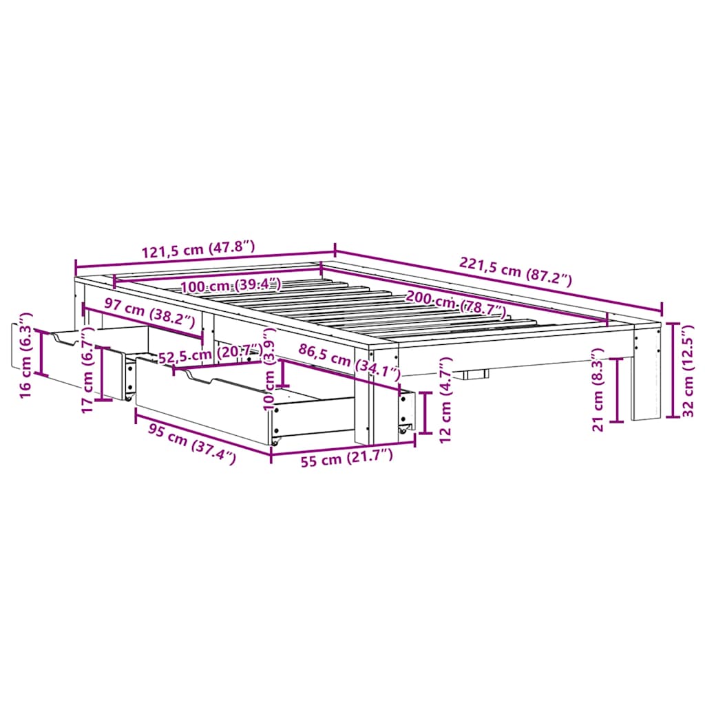 Cama sem colchão 100x200 cm madeira de pinho maciça