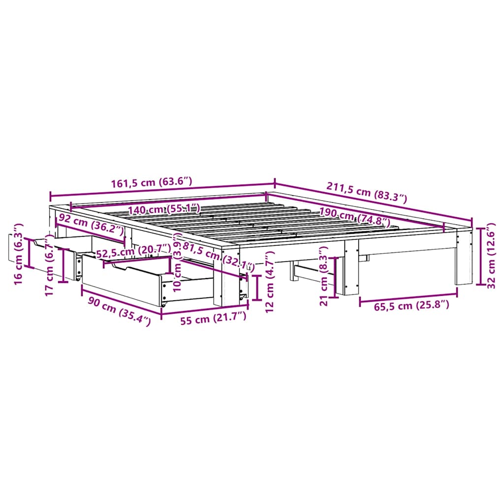 Cama sem colchão 140x190 cm madeira de pinho maciça