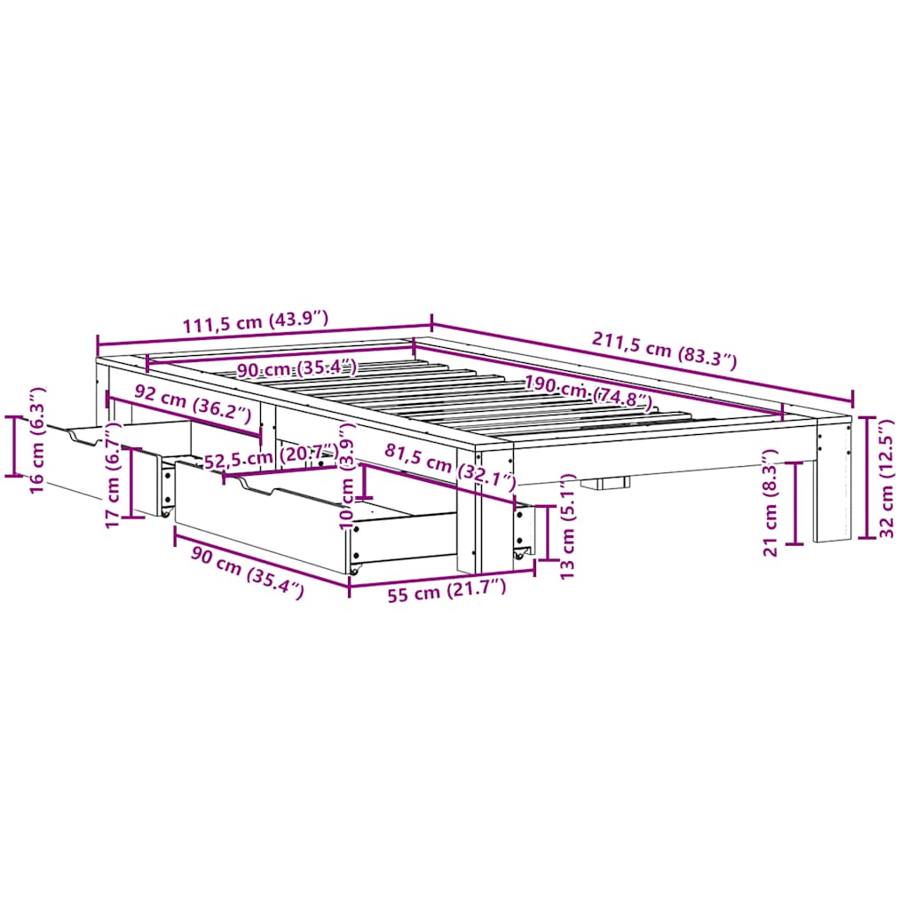 Cama sem colchão 90x190 cm madeira de pinho maciça