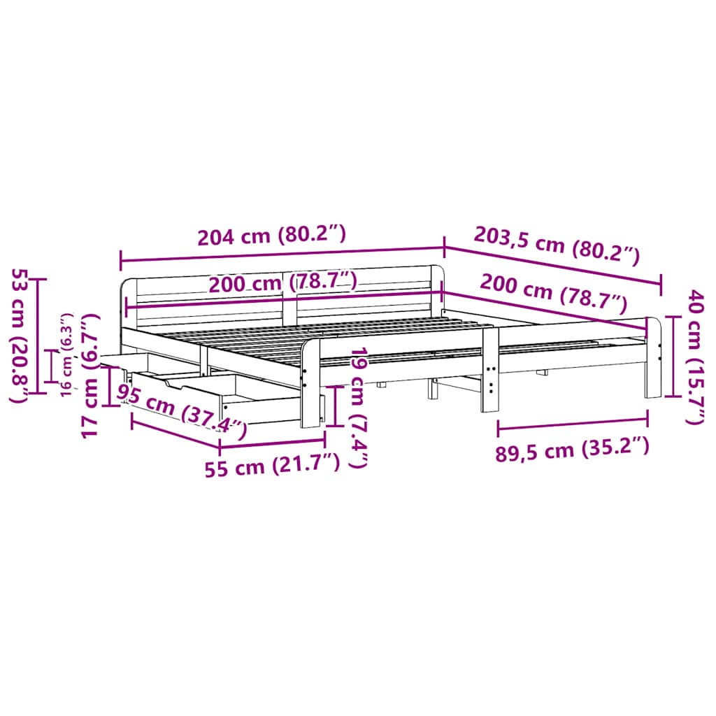 Cama sem colchão 200x200 cm madeira de pinho maciça