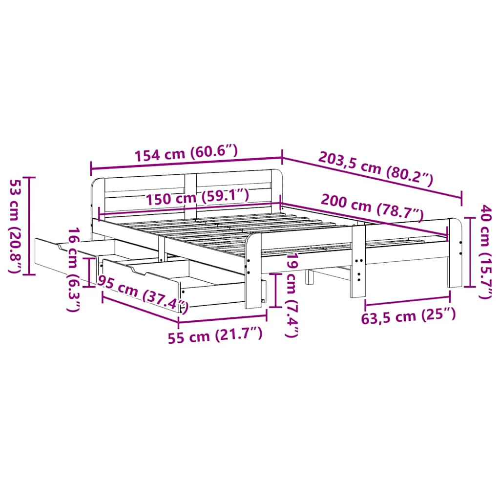 Cama sem colchão 150x200 cm madeira de pinho maciça