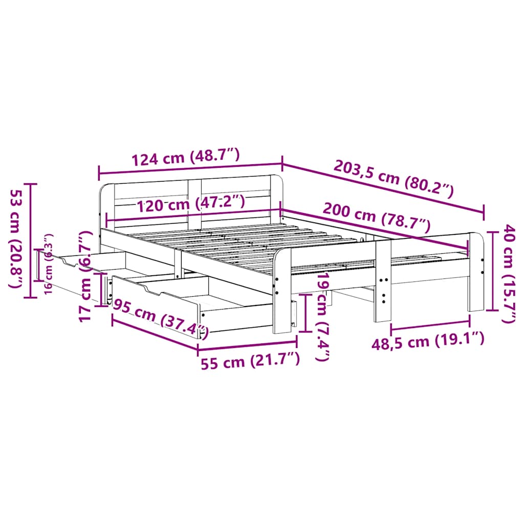 Cama sem colchão 120x200 cm madeira de pinho maciça