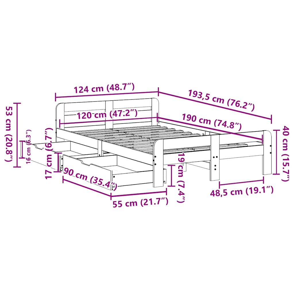 Cama sem colchão 120x190 cm madeira de pinho maciça