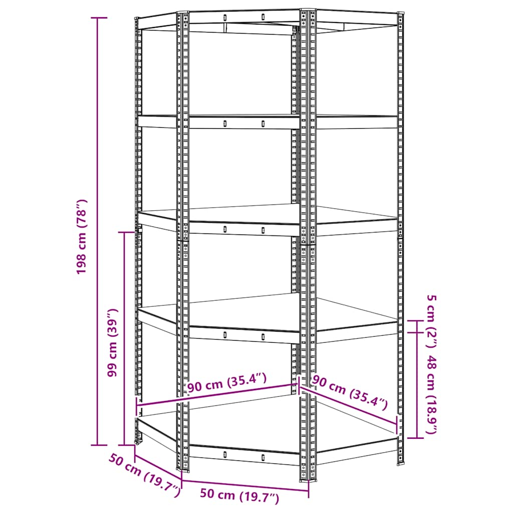 Estante canto 5 prateleiras derivados de madeira/aço prateado