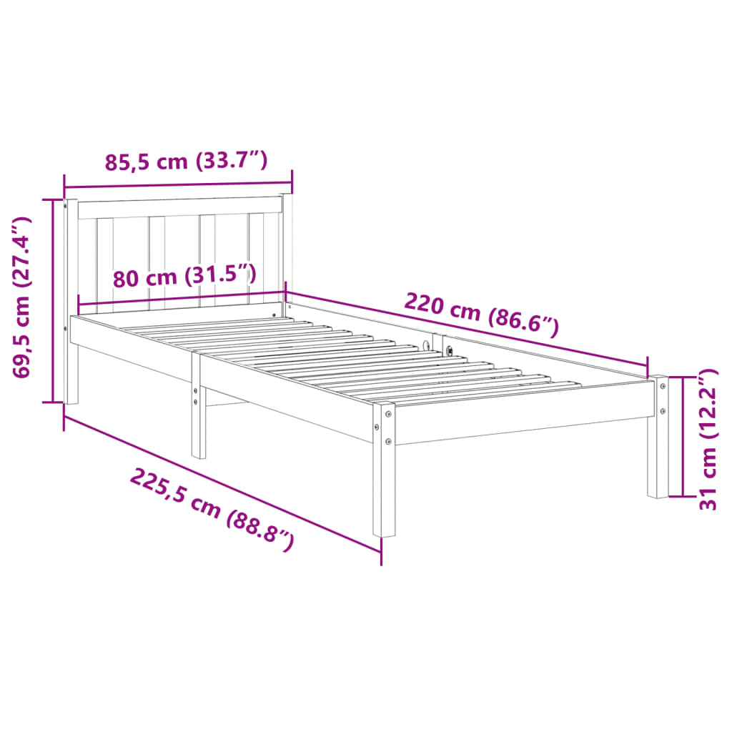 Cama extra longa sem colchão 140x210 cm pinho maciço branco