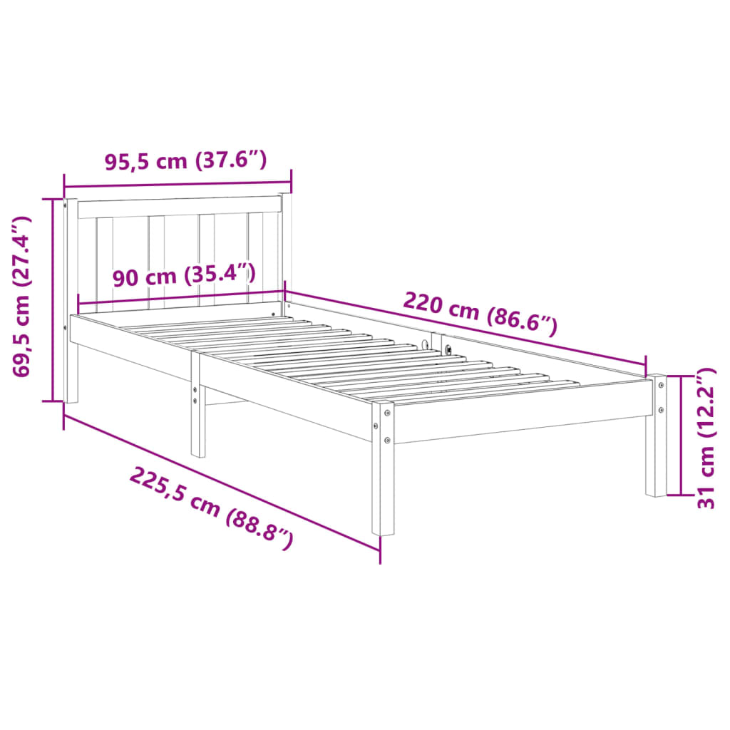 Cama extra longa sem colchão 140x210 cm pinho maciço branco