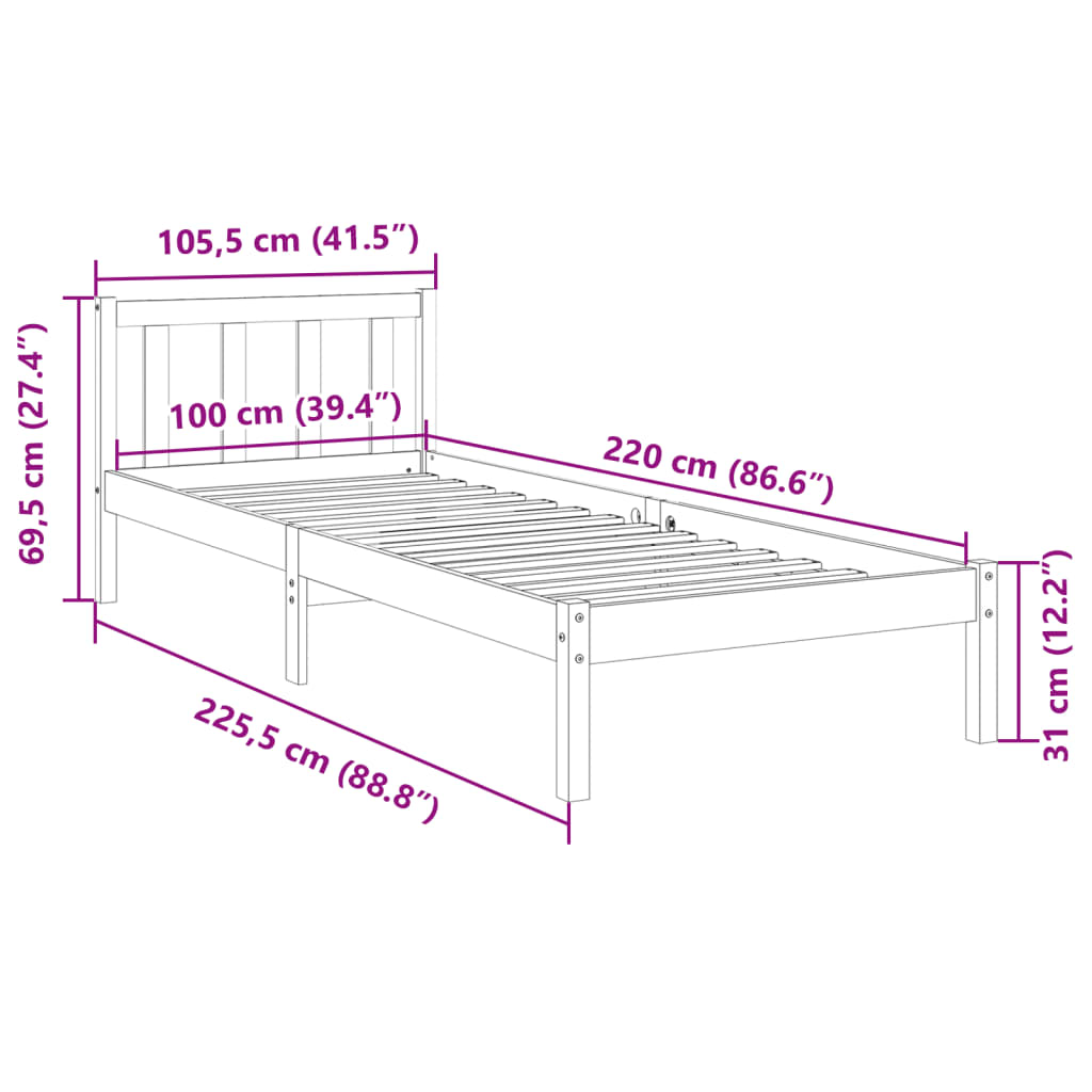 Cama extra longa sem colchão 140x210 cm pinho maciço branco