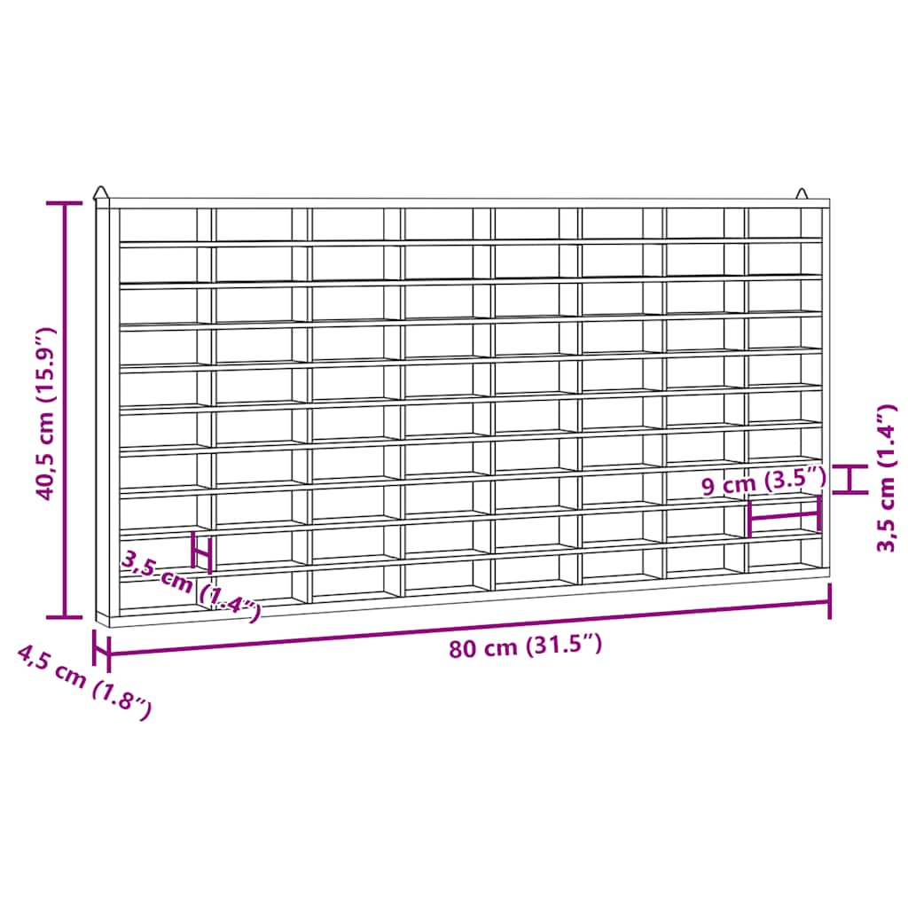 Vitrine de colecionador de madeira com 80 compartimentos 80x4,5x40,5cm